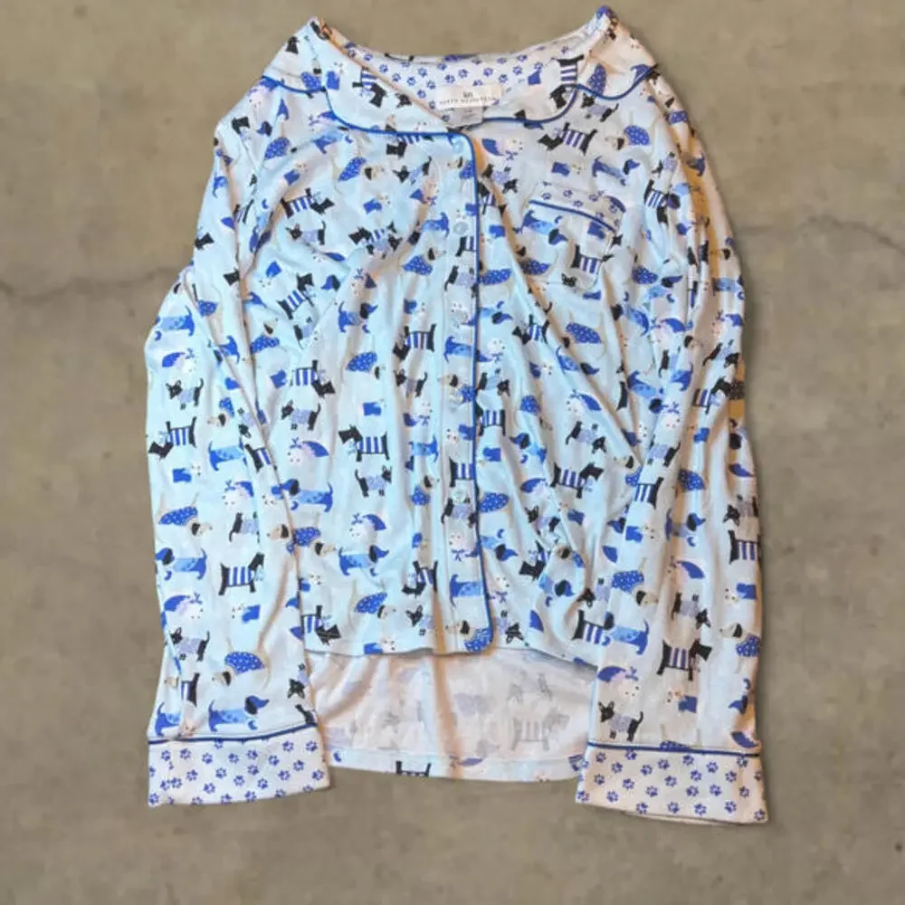 Cozy Soft Lounge Dog in Sweaters Blue Women's Pajama Top Large karen neuburger